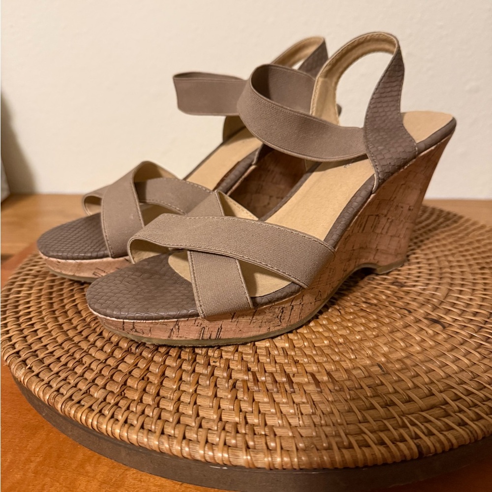 CL by Laundry Taupe Elastic Cross-Strap Cork Wedges